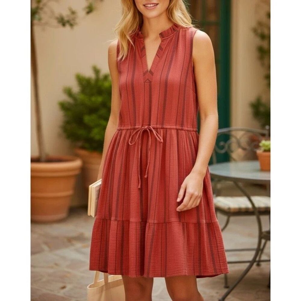 Sundance Adley Coral Gauze Cotton Sundress M Women's Striped Tie Waist Midi Nwt